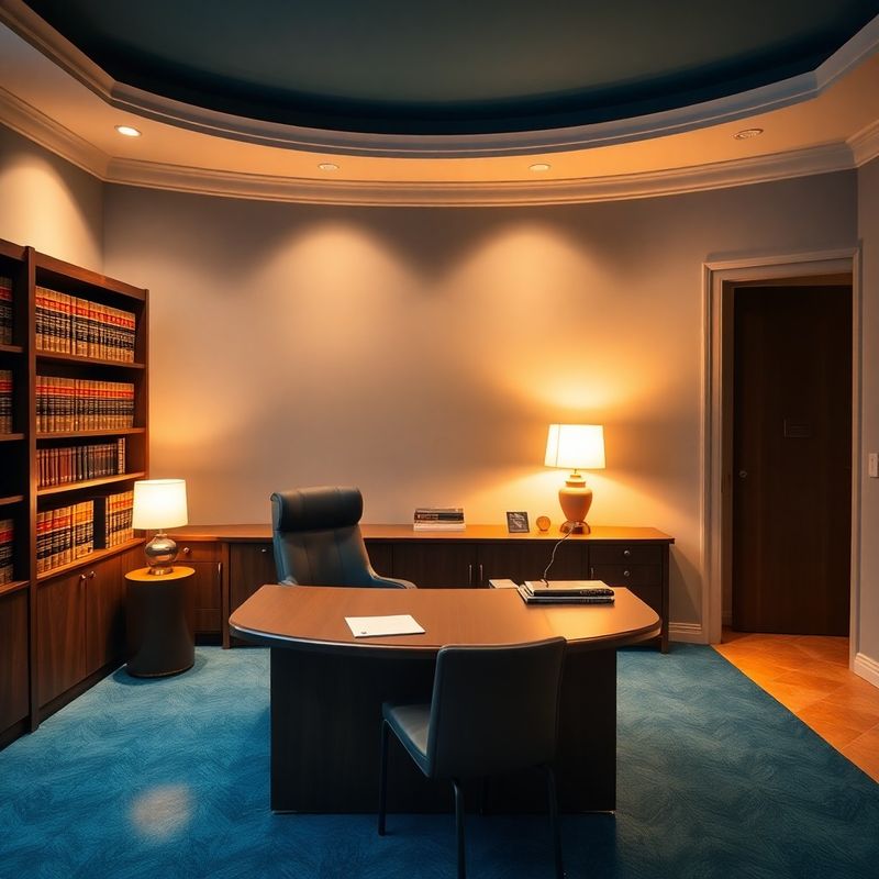 Interior discreto del despacho, con estantería de volúmenes jurídicos y tonos pizarra